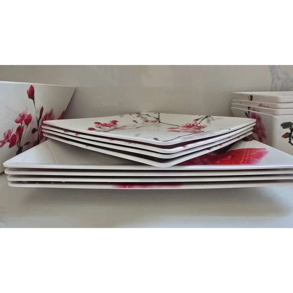 13pc Melamine Dinnerware Set Pink Cherry Blossom Square Plates Serving Bowls